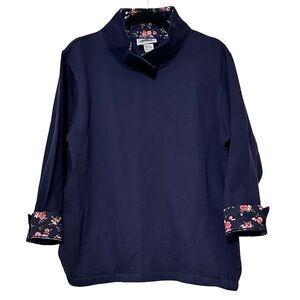 Metropolitan Navy Floral Trim Pullover Mock Neck Cotton Blend Sweatshirt Sz M